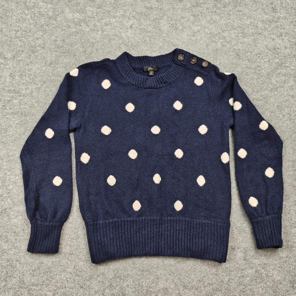J.Crew Sweater Womens XS Blue Polka Dot Crew Neck Button Shoulder Navy